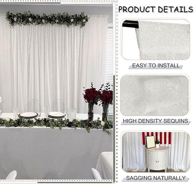 White Sequin Backdrop Curtain - 2FTx8FT, 4 Panels for Parties, Weddings & Baby Showers