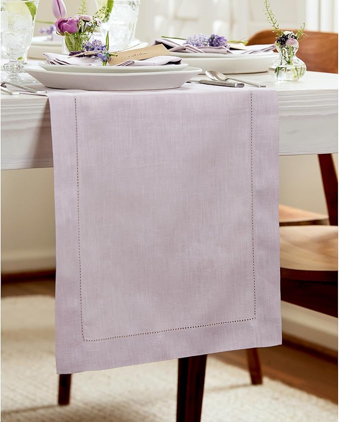 Solino Home Linen Lilac Table Runner 156 Inches Long - 100% Pure Linen Extra Long Table Runner 14 x 156 Inch for Valentines, Spring, Easter - Classic Hemstitch