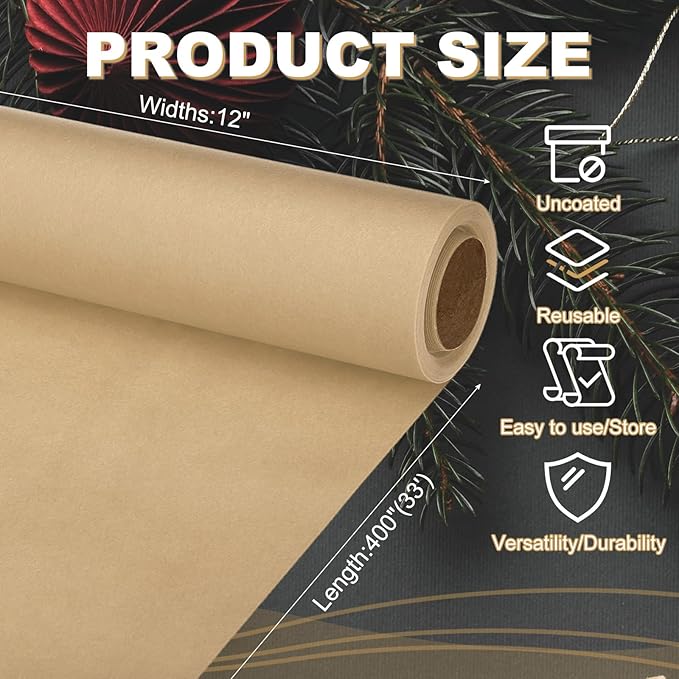 PATIKIL Wrapping Paper, 12"x400"(33') Bulletin Board Paper Roll Kraft Paper Roll Construction 80GSM for Shipping Packing Gift Wrapping Craft Flower Bouquet Christmas, Brown