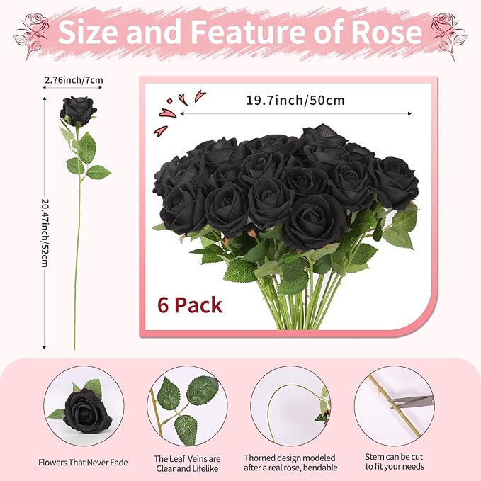 6 PCS Black Roses Artificial Flowers, Fake Roses Bouquet, Artificial Black Rose with Stems for Wedding Flowers Decoration, Valentines Day Mothers Day, Bridal Bouquet Rose