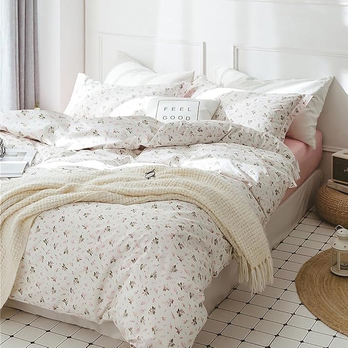 Chic Pink Floral Comforter Set Queen White Botanical Coquette Bedding Comforter Set Boho Bedding Sets for Queen Bed,Aesthetic Flower Comforter Sets for Girl,1 Floral Comforter and 2 Pillowcases