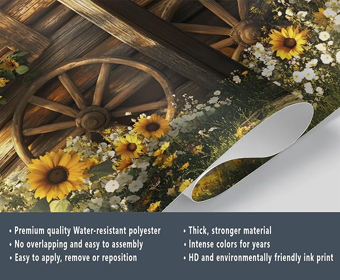 Rustic Cabin Sunflower Wall Mural, Vintage Cottage Door Sunflower 3D Wall Murals, Farmhouse Nature Wallpaper Mural, for Living Room Bedroom Large Wallpaper Indoor Decor 157.5" W x110.3 H