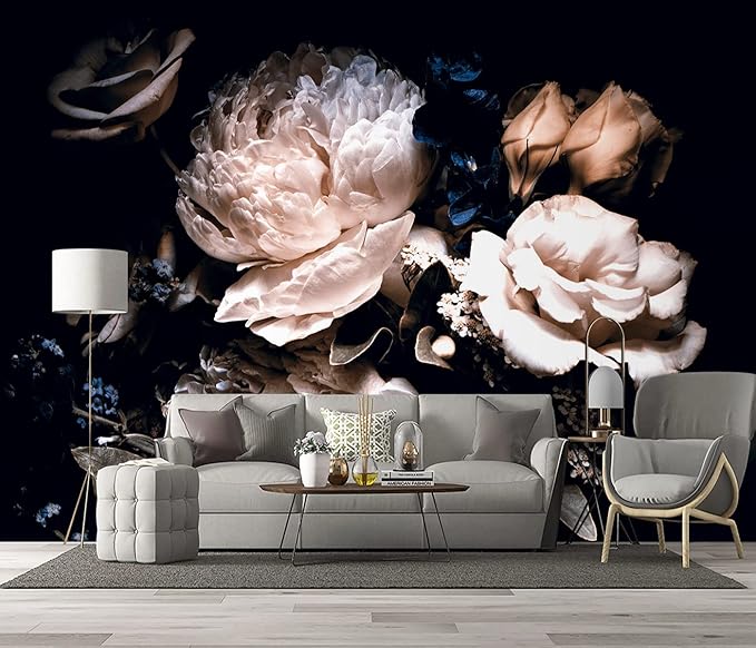 Black Peony Floral Wallpaper Bedroom Pink Botanical Flowers Leaf murals Living Room tv Background Large Wall Mural Aesthetic Room Decor - 137"x96" Not Peel and Stick