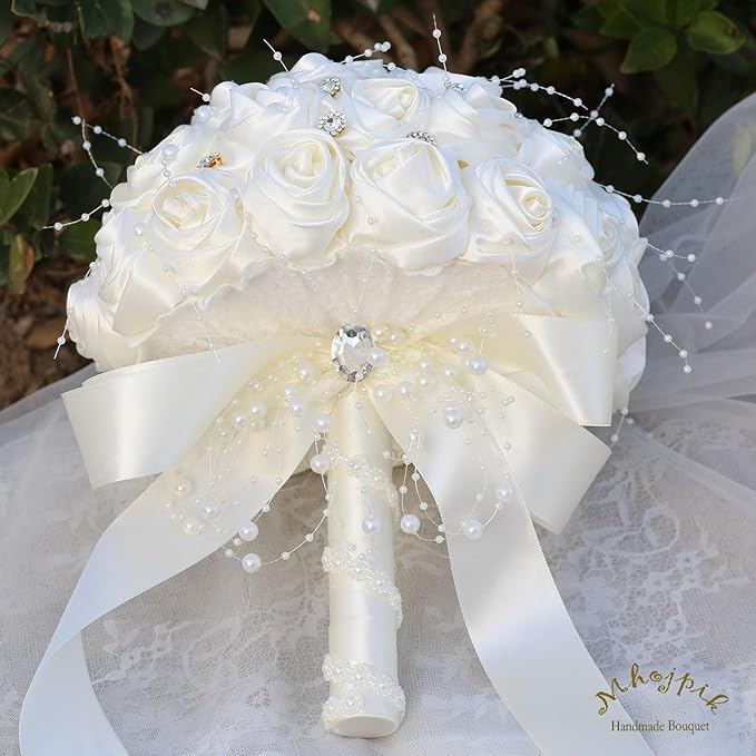 Bridal Wedding Bouquet Round Bling Brooch Bouquet Throw Toss Artificial Rose Flower Bunch for Bride Bridesmaid Wedding Quinceanera(Ivory, 9.8")