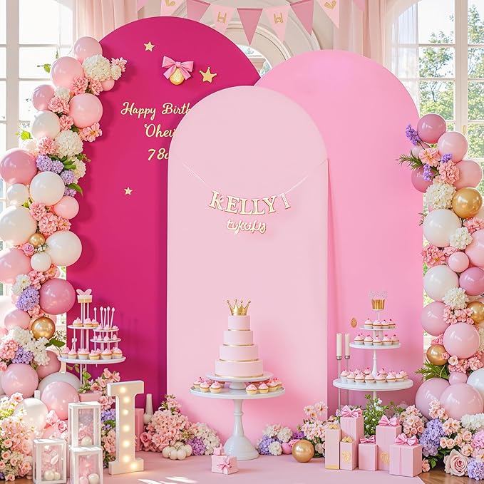 Gradient Pink Arch Backdrop Cover 6FT 5FT 4FT Arch Covers Stretchy Backdrop Set of 3, Party Arch Cover Spandex Fitted Fabric Hot Pink Wedding Arch Covers for Baby Shower Birthday Party Decoration