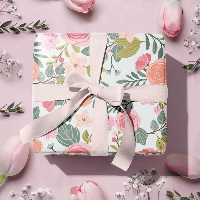 LeZakaa Floral Wrapping Paper Roll, Pink Rose, Flowers & Green Leaves Party Gift Wrap for Wedding, Bridal Shower, Anniversary, Mother's Day, Birthday, 17 inches x 16.4 Feet (23.2 sq.ft.)
