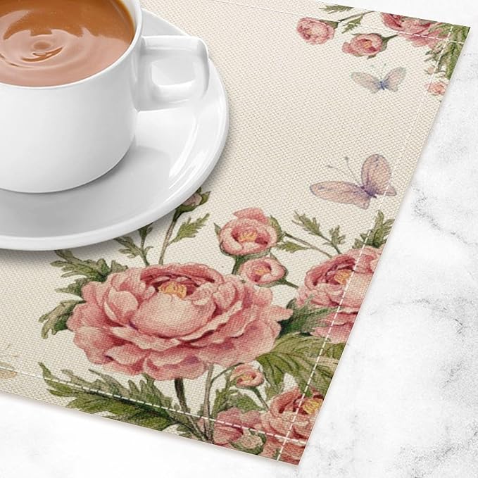 Pink Flowers Placemats Set of 8, 17x12 Inch Rustic Farmhouse Romantic Spring Floral Blossom Butterfly Table Mats for Home Party Kitchen Dining Decor