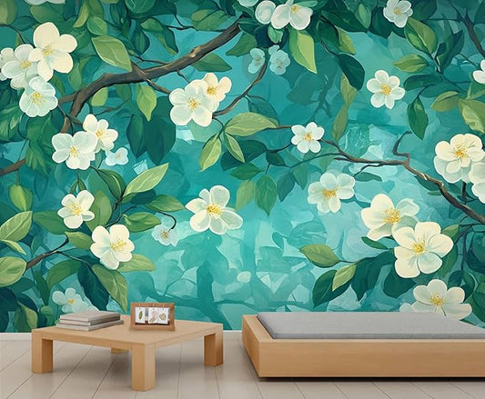 Jasmine Blossom Wall Mural, Elegant Floral Landscape 3D Wall Murals, Nature Turquoise Botanical Wallpaper Mural, for Living Room Bedroom Large Wallpaper Indoor Decor 137.8" W x100 H
