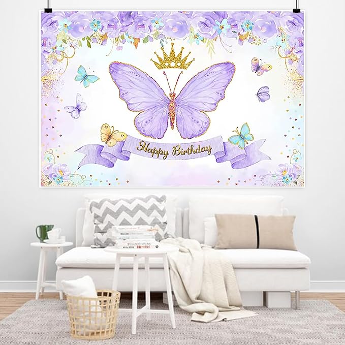 Renaiss 7x5ft Butterfly Happy Birthday Backdrop Fabric Purple Rose Flower Gold Crown Photography Background Girls Princess Birthday Party Decor Dessert Table Banner Portrait Selfie Photo Props