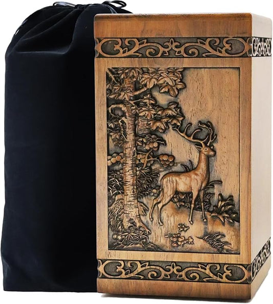 Wooden Cremation Urn for Human Wood Ashes Decorative Box Funeral Urns for Adult Male Female with Velvet Bag Burial or Memorial Keepsake (Deer(XL) 250lbs)