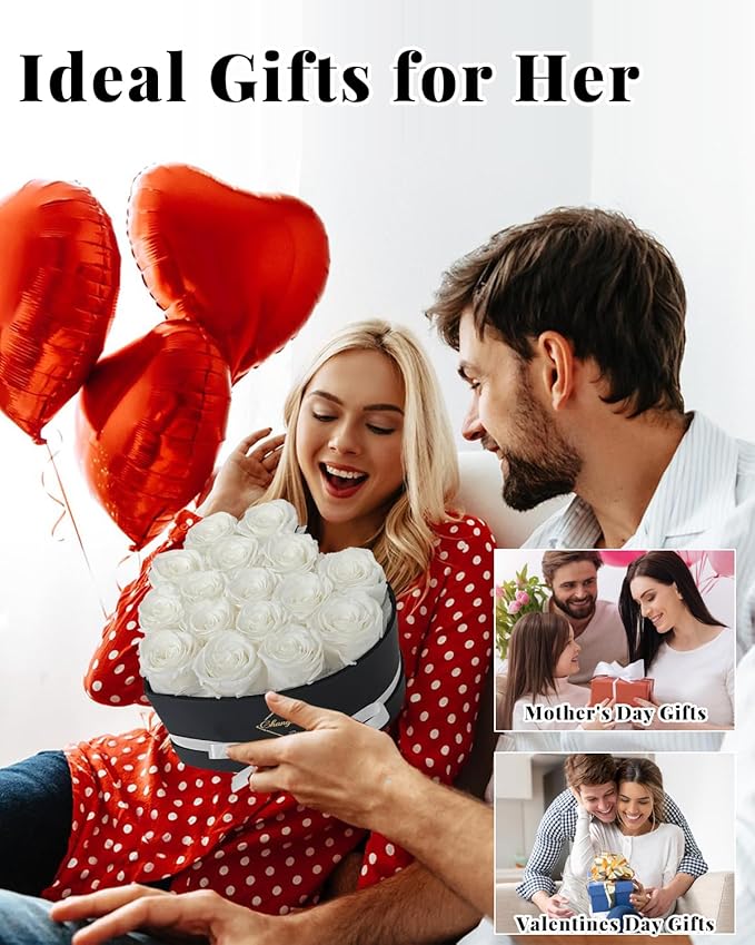 16 Flowers Forever Preserved Roses in Box, Preserved Flowers Womens Birthday Gifts for Women Mothers White Rose Gift for Her Romantic Eternal Rose for Women Mom Friends
