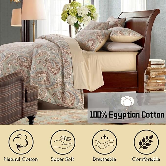 VM VOUGEMARKET Bohemian Damask Duvet Cover Queen,3 Pieces Boho Paisley Bedding Set,Silky Lightweight Egyptian Cotton Duvet Cover with Button Closure-Queen,Gold