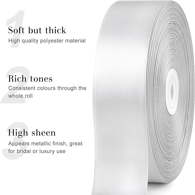1-1/2 Inches 50 Yards Silver Satin Ribbon, Solid Fabric Ribbon Roll for Flower Bouquets, Gift Wrapping, Wedding, Handmade Crafts