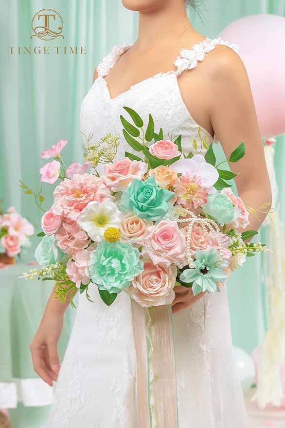TINGE TIME 13 Inch Wedding Bouquets for Bride,Bridal Bouquet for Bride, Artificial Silk Flowers for Wedding Ceremony and Anniversary (Mint Green & Pink)