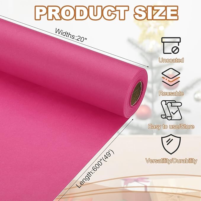 PATIKIL Wrapping Paper, 20" x 600"(49') 70 GSM Craft Paper Roll Kraft Packing Paper for Poster Bulletin Board, Gift Wrapping, Dark Pink