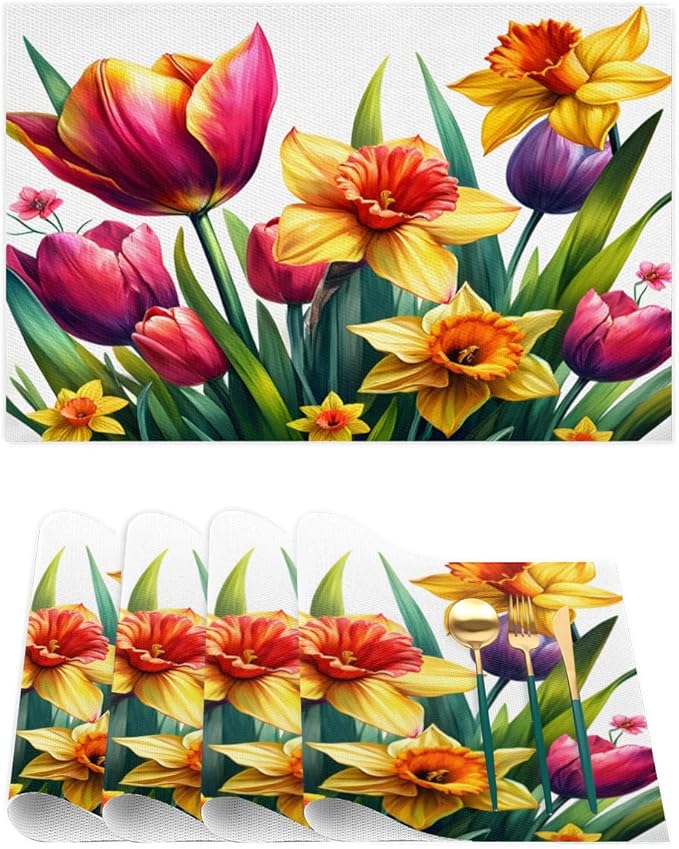 Spring Beautiful Flower Placemats Set of 1 PVC Vinyl Non Slip Table Mats Waterproof Heat Resistant Place Mats Washable Wipeable Dining Table Mat for Kitchen Party Indoor Outdoor Decorative