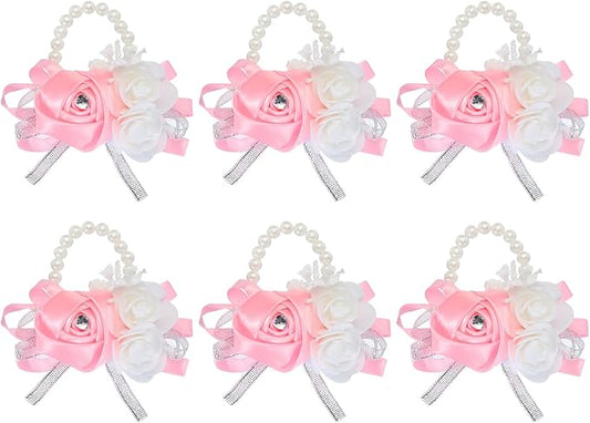 MECCANIXITY 6Pcs Wrist Corsage Artificial Flower Bracelets Rose Wrist Bride Groom Decorative for Wedding Ceremony Prom Party Anniversary Pink