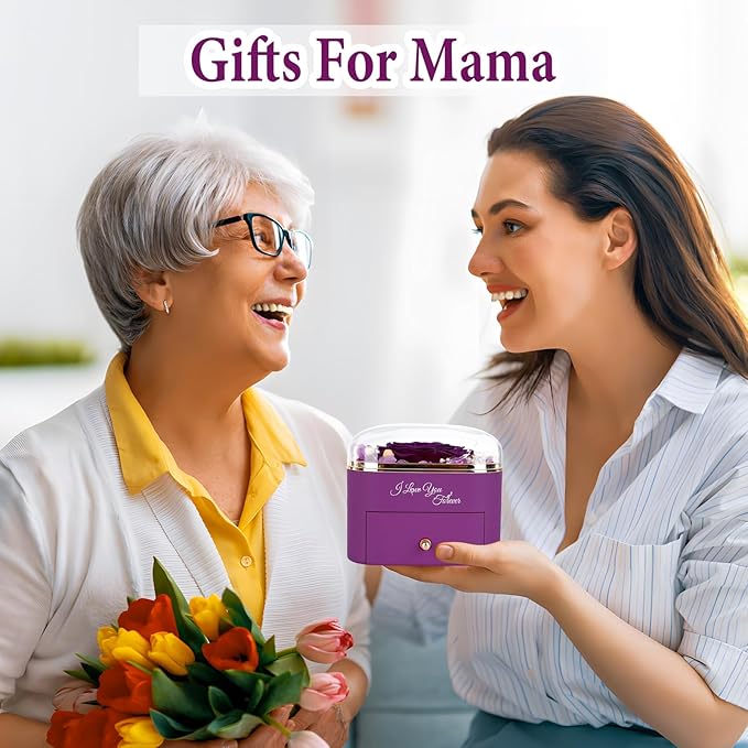 Gifts for Mom Birthday, Preserved Rose with Necklace, Real Purple Forever Rose Gifts for Women, Large 4.3" Eternal Roses Gift for Girlfriend Grandma Wife Mothers Day Anniversary
