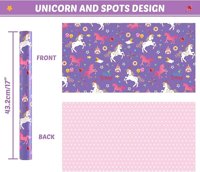 WERNNSAI Unicorn Princess Birthday Wrapping Paper Roll - 1 Roll 17”x 9.84 ft Purple Unicorn Wrapping Paper for Girls Princess Theme Birthday Gift Packing Supply Baby Shower Decor Favor