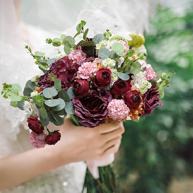 Zerzsy Artificial Flowers Bouquets, Mixed Purple Artificial Peonies, 4 Bouquets Fake Flowers Bride Holding Flower Faux Floral for Wedding Bridal Bouquet Home Table Centerpiece Floral Decoration