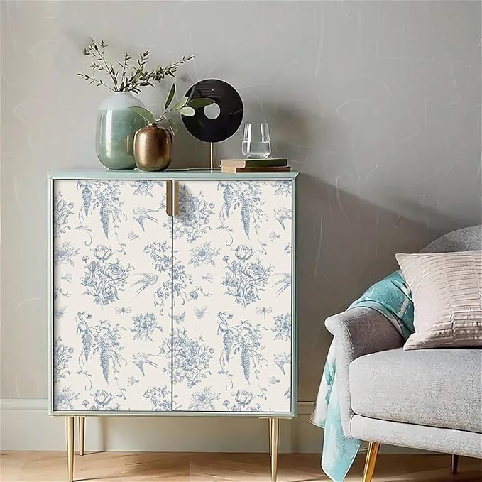 Cream White and Blue Peel and Stick Wallpaper Vintage Floral Contact Paper 16.9"x 393.7" Blue Floral Wallpaper Peel and Stick Birds Self Adhesive Removable Wall Paper for Bedroom Bathroom