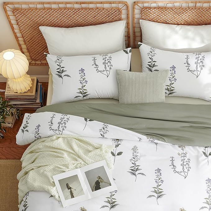 Nayoroom Floral Duvet Cover Full Size White Green Botanical Flower Cottagecore Bedding Set 3 Pieces Soft Lightweight Reversible Aesthetic Duvet Cover with Zipper Closure