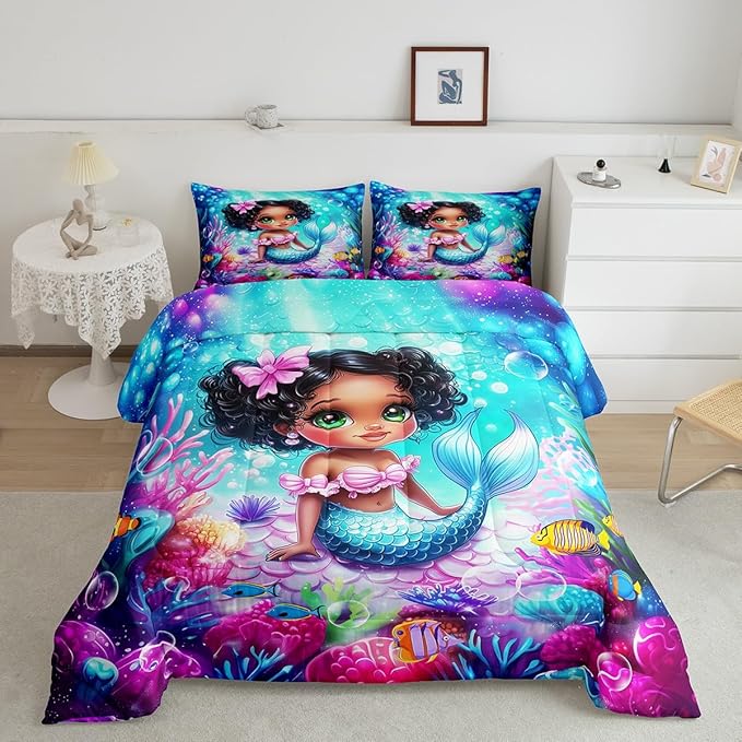 Cute Mermaid Comforter Set Queen Size,Reversible Cute Girl Fish Scale Print Black Bedding Set for Women Adult,African Style Cartoon Fairy Tale Theme Luxury Bed Duvet Insert, 2 Pillowcases