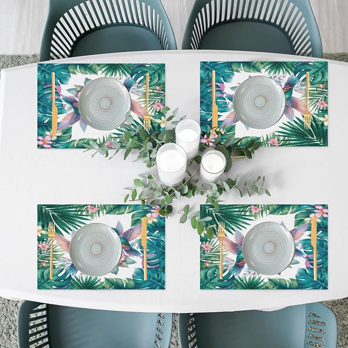 PVC Placemats Set of 1 Summer Palm Leaf Bird Wipeable Table Mats Washable Heat Resistant Non Slip Vinyl Dining Table Mat for Kithen Indoor Outdoor Patio Farmhouse Place Mats Decorative
