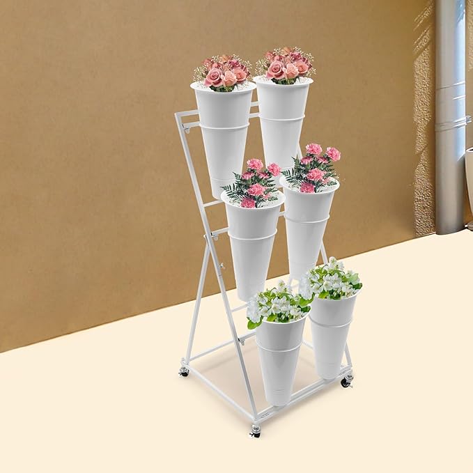 3-Tier Flower Display Stand with 6 Water Buckets – White Iron & PP Plant Rack with 4 Wheels (Brakes) – Floor Standing Flower Organizer for Florist, Wedding, Garden
