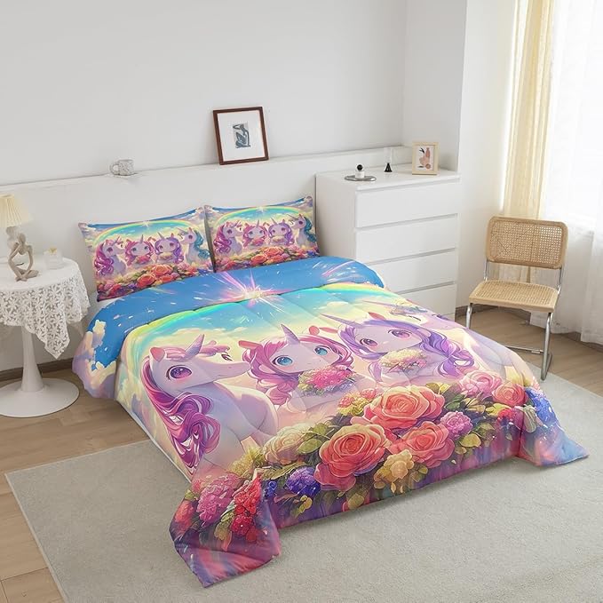 Castle Fairy Kawaii Unicorn Comforter Set Queen Size,Cartoon Cute Unicorn Horse Animal Reversible Bedding Set for Women Adult,Stars Rainbow Watercolor Flowers Luxury Bed Duvet Insert, 2 Pillowcases