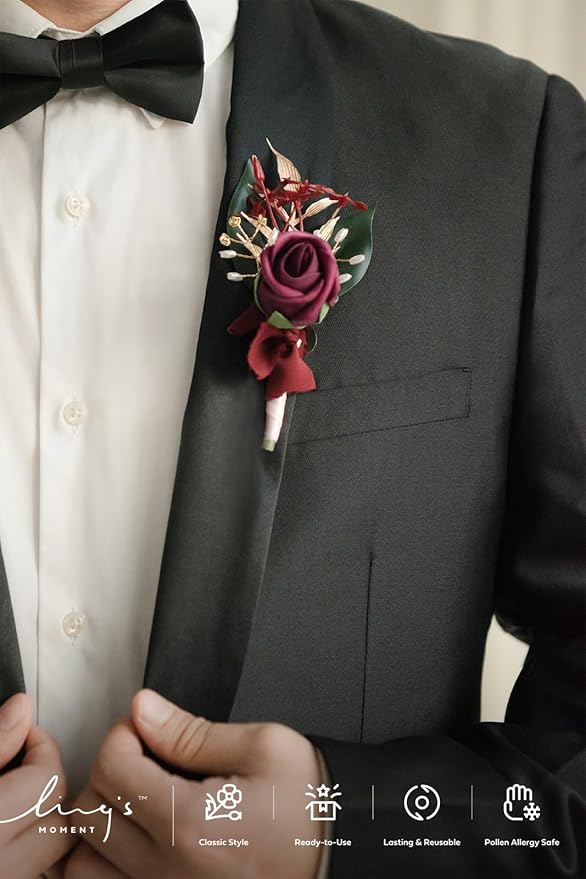 Ling's moment Boutonniere for Men, 6pcs Groom Groomsmen Boutonniere, Artificial Flowers for Wedding Decor/Prom/Homecoming, etc.Marsala Dusty Rose