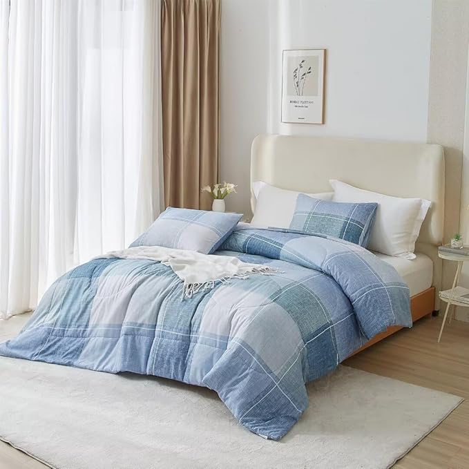 LifeTB Blue Checkered Comforter King Comforter Set Geometric Checkered Plaid Bedding Comforter for Men Boys Fluffy Soft Lightweight Bedding Boho Plaid Comforter Set for All Seasons King Size