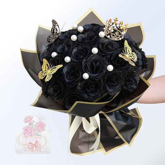 Glitter Roses Bouquet, Shiny Artificial Roses Flowers with Stems DIY Fake Glitter Flowers Bouquet for Valentine's Day, Mother's Day, Anniversary, Graduation, Birthday, 36 Roses (Black)
