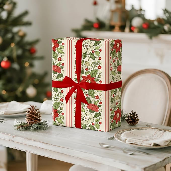 LeZakaa Vintage Poinsettia Christmas Wrapping Paper Roll, Red Poinsettia, Festive Design, for Christmas, Winter Holidays, for Home Decor, Gifts, Women, Mini Roll 17 in x 16.4 Ft