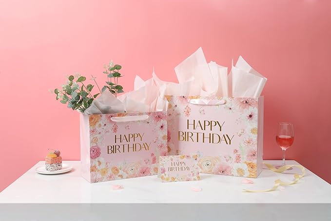 13” Large Wild Flower Gift Bag, Floral Design Happy Birthday Bag with Handles, Greeting Card, Tissue Papers for Women Girls Birthday Party Baby Shower Supplies Favors.（13in）