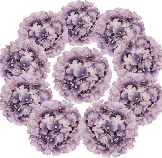 Flojery Silk Hydrangea Heads Artificial Flowers Heads with Stems for Home Wedding Decor,Pack of 10 (Dream Purple)