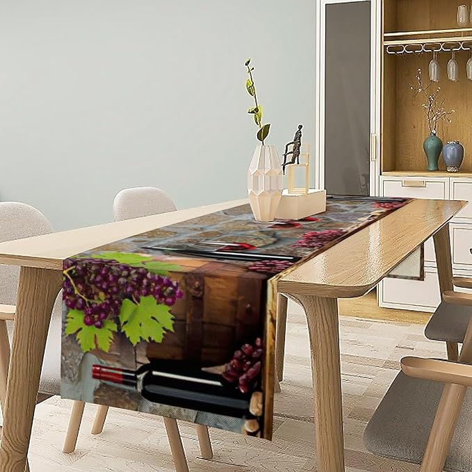 Red Wine Table Runner Wine Grape Alcohol Fruit Vintage Barrel Dinner Runner for Farmhouse Cabin Home Kitchen Dining Holiday Wedding Party Dining Decor 13x60in
