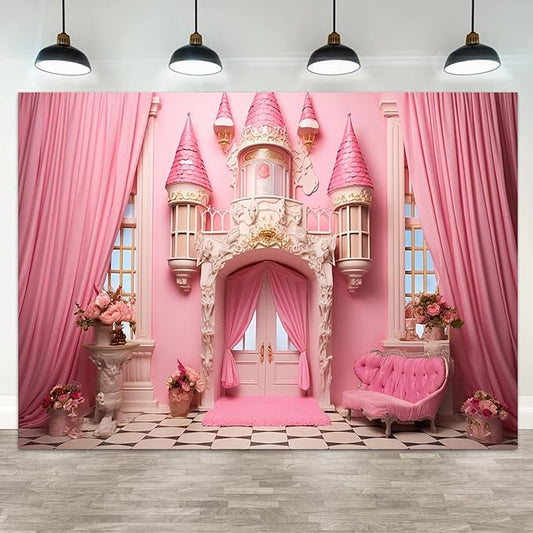 8x6ft Pink Castle Backdrop Room Door Curtain Photography Background Flowers Vases Sofa Princess Girl Birthday Banner Decorations Newborn Baby Shower Wedding Party Portrait Photo Booth Prop