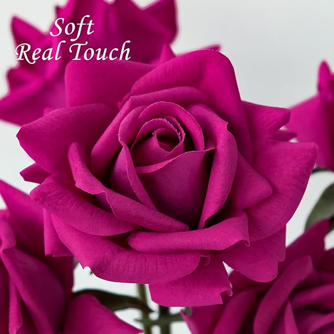 Rose-red Fake Roses with Stems,10pcs Soft Real Touch Silk Faux Roses Bouquet, Lifelike Artificial Rose for Wedding Table Centerpieces Party Home Decoration