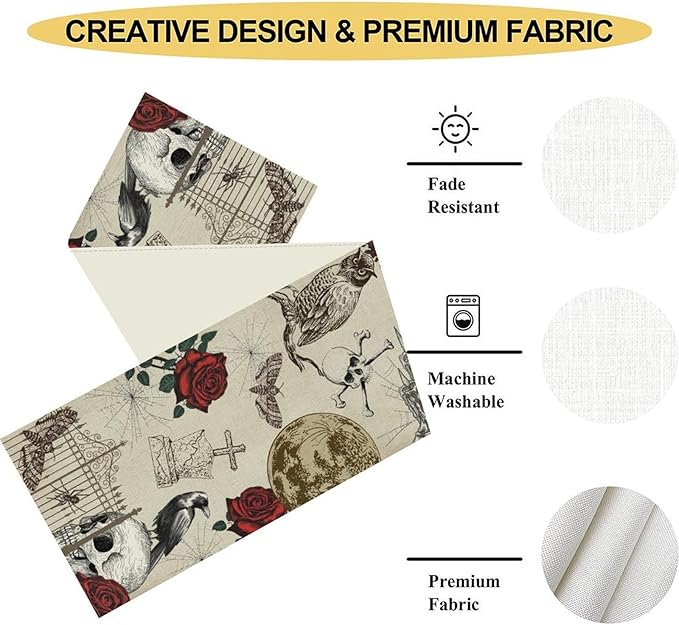 Gothic Floral Table Runner, Retro Dark Skull Crow Vintage Flower Halloween Pumpkin Witchy Coffee Table Center Decor for Home Kitchen Dining Patio Holiday Party Table Decorations 13x72 inches