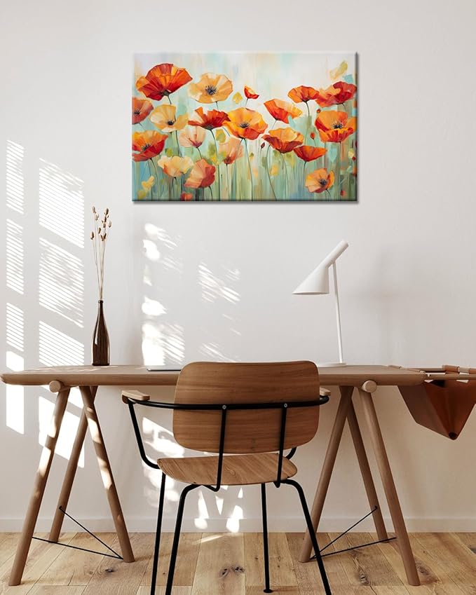 GLOKAKA Vibrant Poppies Wall Art Floral Red and Orange Watercolor Poppy Flower Painting Print Canvas Artwork For Living Room Bathroom Dinning Room Decor (24"x16")