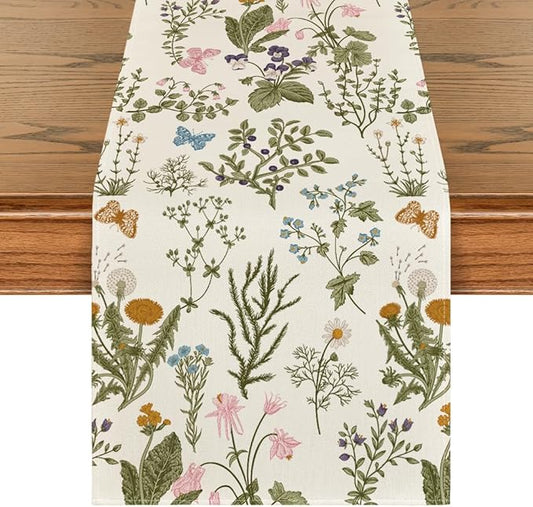 Artoid Mode Wildflowers Floral Spring Table Runner, Butterfly Seasonal Summer Kitchen Dining Table Decoration for Home Party Decor 13x90 Inch