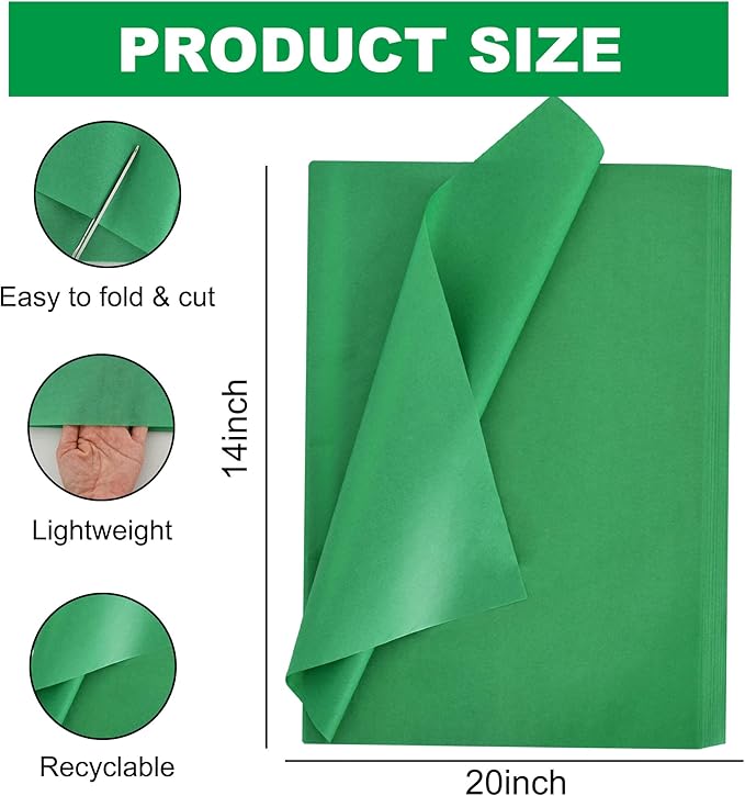 BEISHIDA 100 Sheets Green Tissue Paper Bulk, Wrapping Tissue Paper for Gift Bags, 14 x 20 Inch Gift Wrap for Birthday Wedding Graduation DIY Crafts Holiday Flowers
