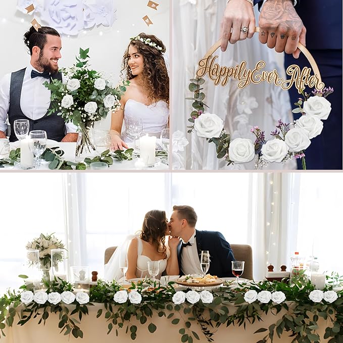 Artificial Flowers White Roses 100PCS Real Looking Foam Fake Roses with Leaves and for DIY Wedding Bouquets Bridal Shower Centerpieces Party Decorations (White, 100)