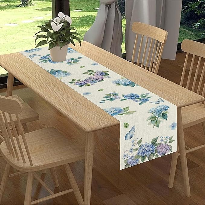 Blue Floral Table Runner, Spring Summer Watercolor Hydrangea Flower Butterfly Country Farmhouse Coffee Table Center Decor for Home Kitchen Dining Patio Holiday Party Table Decorations 13x36 inches
