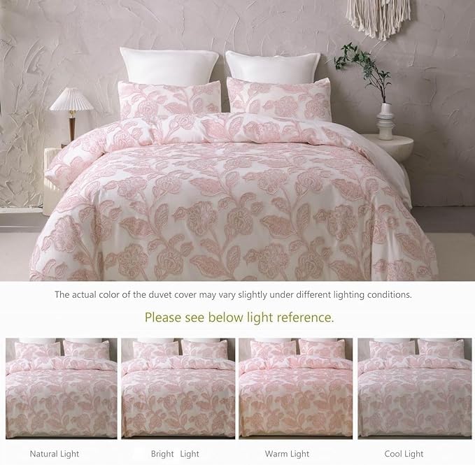 meadow park Cotton Clipped Jacquard Duvet Cover Set King, 3 Pieces Jacobean Floral Bedding Set (Pink, King)