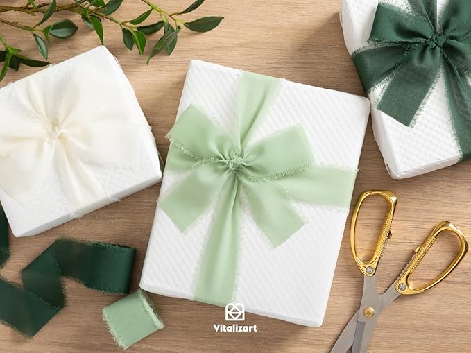 Vitalizart Dark Green Handmade Chiffon Silk Ribbon Fringe 3 Rolls 1.5" x 21 Yd Frayed Edges Ribbons for Wedding Invitations Bridal Bouquets Gifts Wrapping Crafts Holiday Decor