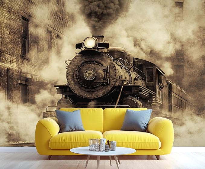 Vintage Steam Train Wall Mural, Industrial Train Engine 3D Wall Murals, Retro Railway Steam Engine Wallpaper Mural, for Living Room Bedroom Large Wallpaper Indoor Decor 78.7" W x55.1 H