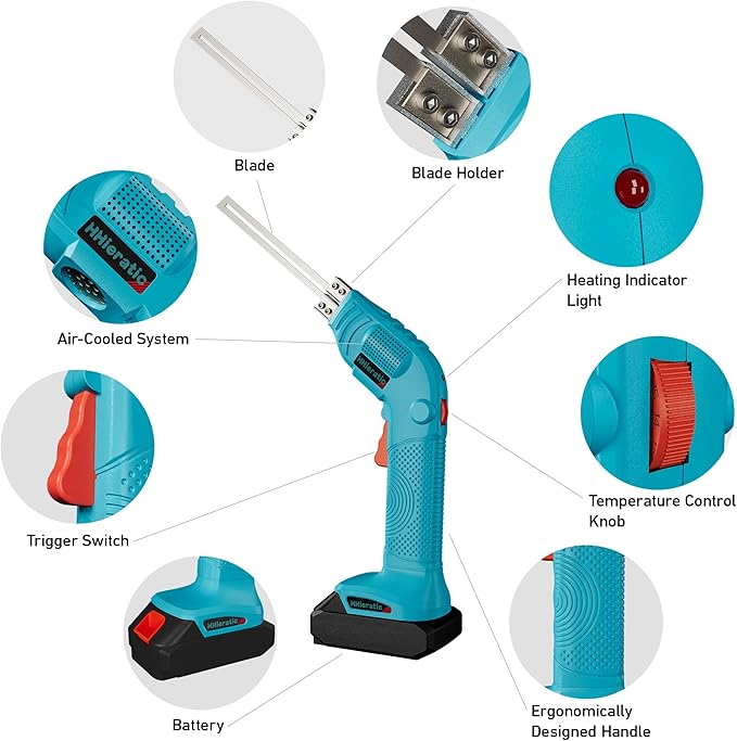 Cordless Hot Knife with Battery,Electric Styrofoam Cutter Kit with Temperature Control Max 932°F(500℃),150W Hot Knife with 6 Blades for Cutting Belt,Webbing,Fiber,Cloth,Rope,Rubber