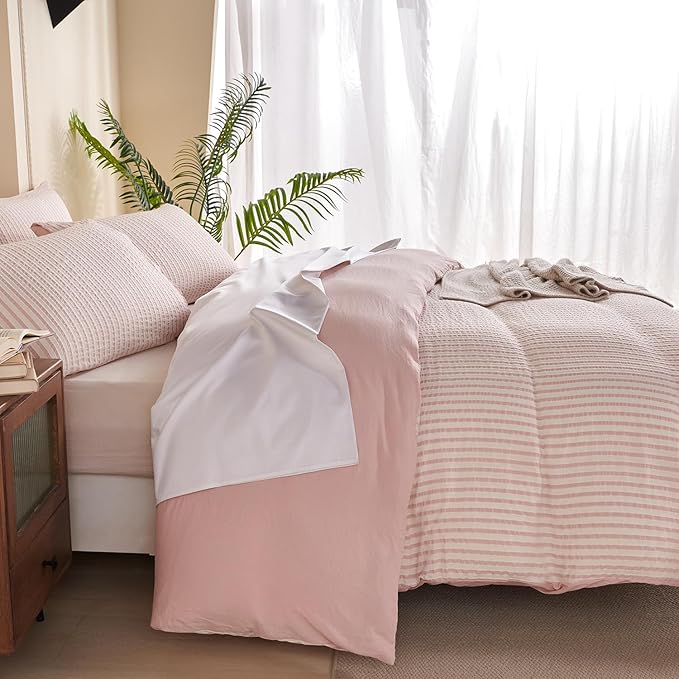 Striped Duvet Cover Set King Pink Washed Microfiber Jacquard 3 Pieces Bedding Set, White Pink Vertical Ticking Stripes Pattern Comforter Cover with Zipper Closure Breathable Durable Soft Comfy